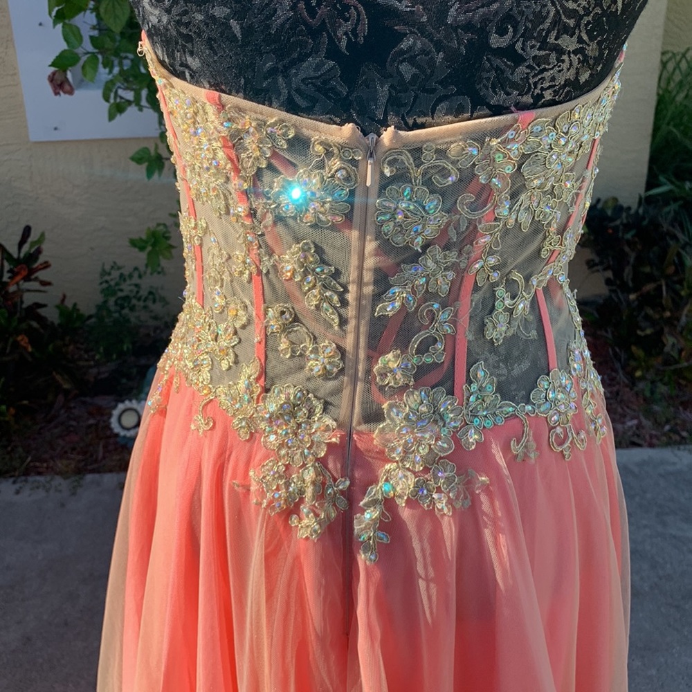 Exquisite jeweled coral colored strapless princess gown by La Femme size 6 - Picture 6 of 14